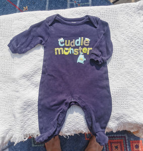 BABY BOY SIZE 0/3 MONTHS - GEORGE, Navy Blue Cuddle Monster Cotton Onesie Sleeper EUC B33