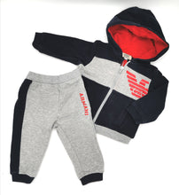 Load image into Gallery viewer, BABY BOY SIZE 6 MONTHS - BABY ARMANI, 2-Piece Matching Hoodie & Sweatpants in Excellent Preloved condition.  
Adorable and stylish little Baby Boy Designer Outfit! Perfect for spring and fall weather. 
ZIPPERED HOODIE, SWEATPANTS, COLOURS: NAVY BLUE, GREY and RED