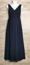 Load image into Gallery viewer, WOMENS SIZE XS - STORK & BABE Maternity Gown EUC
Beautiful Chiffon Dress! 
Navy Blue, V-Neck, A-line, Zippered, Fitted, Non-stretch Fabric
This dress is on the longer side. Wouldn't recommend for anyone under 5' 6"