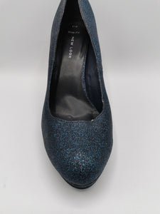 SIZE 8 (WIDE FIT) NEW LOOK, BLUE GLITTER PARTY HIGH HEEL STILETTO PUMPS NWOT - Faith and Love Thrift