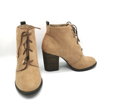Load image into Gallery viewer, WOMENS SIZE 8 - Call it SPRING Boots, Soft Tan, Ankle Boots NWOT 
Beautiful and Classy booties!  Heel is approximately 4" height, chunky style. Laces up and soft faux fabric with almond shape toe.
Like new, but does have two small scuffs - see pics for reference.