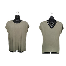 Load image into Gallery viewer, WOMENS SIZE XXL - Soya Concept Linen/Viscose Open Cross Back T-Shirt NWT
Beautiful and classy t-shirt in soft sage green colour with short sleeves. Perfect for summer! 
Displayed on plus size mannequin.