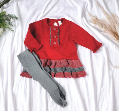 BABY GIRL SIZE 3 MONTHS - PETIT LEM, 2 Piece Matching Sweater Dress + Leggings Set EUC B24