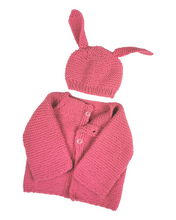 Load image into Gallery viewer, BABY GIRL SIZE 0/3 MONTHS - Beautiful Handmade Knit Sweater Jacket &amp; Matching Bunny Ear Hat NWOT B16
