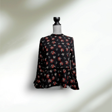 Load image into Gallery viewer, WOMENS SIZE XS / SMALL or TEEN GIRL - DEX, High Neck Ruffled Blouse, Red / White / Black Florals, Boho Style NWT B26