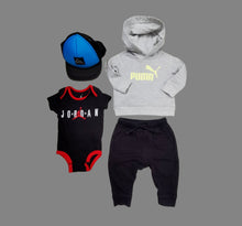 Load image into Gallery viewer, BABY BOY SIZE 0-6 MONTHS MIX N MATCH 4-PIECE OUTFIT EUC
Seriously adorable outfit for your stylish little baby boy!  
QUIKSILVER - Soft Style Ball Cap that is comfortable for little ones to wear EUC 
PUMA - Light grey, soft pullover hoodie NWOT 
ZARA - Soft Black Harem Sweatpants with Drawstring that actually works EUC 
Michael Jordan Onesie EUC