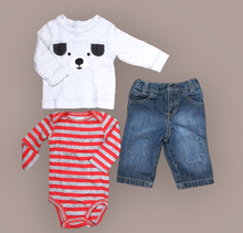 Load image into Gallery viewer, BABY BOY SIZE 3/6 MONTHS - GUESS, OLD NAVY &amp; CARTER&#39;S, 3 Piece Mix N Match Fall Outfit EUC B14