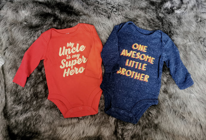 BABY BOY SIZE 3 MONTHS - CARTER'S, 2 Pack, Long-sleeved Graphic Onesies EUC B50