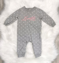 Load image into Gallery viewer, BABY GIRL SIZE 9 MONTHS - CARTER&#39;S, Grey &amp; Pink Polkadot Romper EUC B36