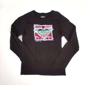 GIRL SIZE LARGE (10/12 YEARS) - ROXY, Long-sleeve Black T-shirt VGUC B42