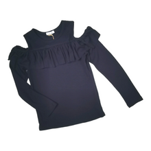 Load image into Gallery viewer, GIRL SIZE LARGE (12 YEARS) - DEX Kids, Navy Blue, Waffle Knit, Cold Shoulder Sweater NWT B32