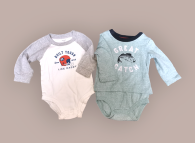 BABY BOY SIZE 6 MONTHS - BABY B'GOSH & CARTER'S, 2 Pack, Graphic Onesies VGUC B50