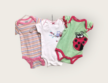 Load image into Gallery viewer, BABY GIRL SIZE(S) 0/6 MONTHS - 3 PACK, Graphic Onesie T-Shirts EUC B47