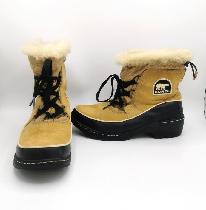 WOMENS SIZE 9.5 US - SOREL, Tan / Black Suede Waterproof Winter Boots EUC B60