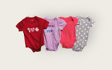 Load image into Gallery viewer, BABY GIRL SIZE(S) 3/6 MONTHS - 4 PACK, Graphic Onesie T-Shirts EUC B47