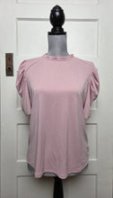 Load image into Gallery viewer, WOMENS SIZE MEDIUM - ADRIANNA PAPELL, Soft Pink Blouse, Rouched Sleeves EUC B63