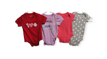 Load image into Gallery viewer, BABY GIRL SIZE(S) 3/6 MONTHS - 4 PACK, Graphic Onesie T-Shirts EUC B47