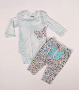 BABY GIRL SIZE 3 MONTHS - CARTER'S, 2 Piece Matching Floral Butterfly Outfit EUC B21