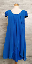 Load image into Gallery viewer, WOMENS SIZE XS - BLUE SAND, Made in Italy Dress EUC

Lined. Drapes beautifully, cap sleeves and Colbolt blue colour with Chiffon overlay. 

No size tag. Measurements are in the pictures.  

