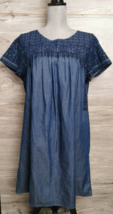 WOMENS SIZE LARGE - Lucky Brand Embroidered Blue, Short Sleeve Tunic Shift Dress Boho Peasant EUC 