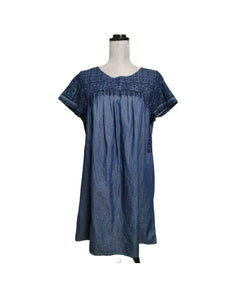 WOMENS SIZE LARGE - Lucky Brand Embroidered Blue, Short Sleeve Tunic Shift Dress Boho Peasant EUC 