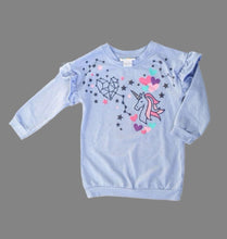 Load image into Gallery viewer, GIRL SIZE 3 YEARS - ROCOCO Knit Sweater EUC

UNICORN design

Long-sleeved, blue/purple colours, ruffle shoulder accents. 

