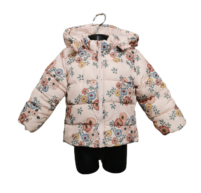 BABY GIRL SIZE 18/24 MONTHS - H&M, Floral Puffer Jacket, Hooded VGUC B28