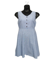 Load image into Gallery viewer, WOMENS SIZE XL - PAPILLON, Blue &amp; White Stripes Apron Dress NWT

Beautiful boho / vintage style, fitted bodice with tie back belt and zippered back. 

100% Cotton / no stretch. 

Displayed on plus size mannequin. 

  

