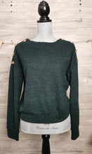Load image into Gallery viewer, WOMENS SIZE LARGE - Lily White, Soft Blend Boatneck Sweater EUC

Beautiful green colour, soft &amp; medium weight stretch fabric. Stylish buttons on the shoulders.

Displayed on size medium mannequin. 

