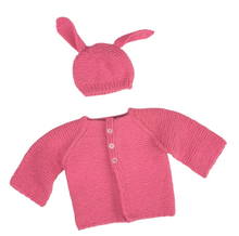 Load image into Gallery viewer, BABY GIRL SIZE 0/3 MONTHS - Beautiful Handmade Knit Sweater Jacket &amp; Matching Bunny Ear Hat NWOT B16