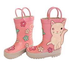 Load image into Gallery viewer, BABY GIRL SIZE 5 TODDLER - JOE FRESH, Kitty Rain Boots, Pink / Spring Flowers VGUC B20