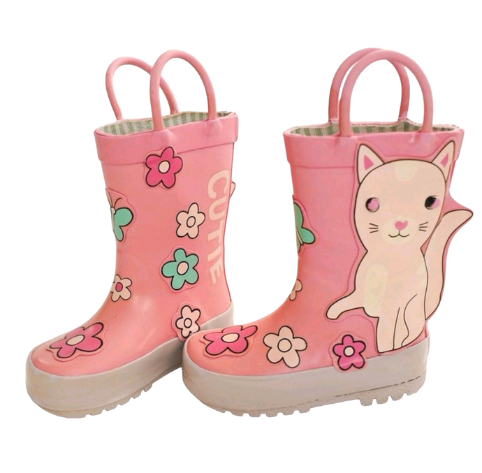 BABY GIRL SIZE 5 TODDLER - JOE FRESH, Kitty Rain Boots, Pink / Spring Flowers VGUC B20